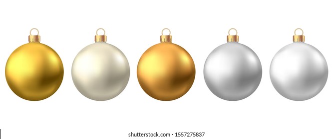 Realistic  gold, silver  Christmas  balls  isolated on white background. Vector  Xmas  tree decoration.