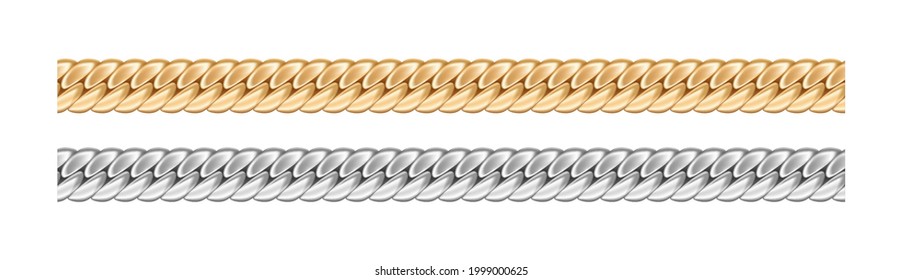 Realistic gold and silver necklace chains set. Golden and chrome metal link for decoration or jewelry precious accessorize design. Vector illustration