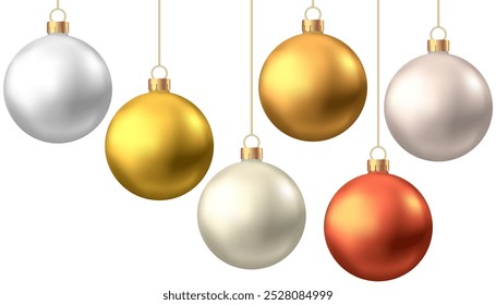 Realistic  gold, silver, orange  Christmas  balls  isolated on white background.  New Year bauble. Vector  Xmas  tree decoration.