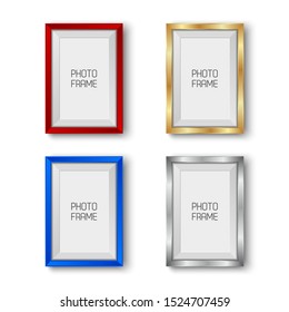 Realistic gold, silver, red and blue vector picture frames isolated on white background with blank space for your photo