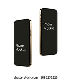 Realistic gold smartphone mockup, flying up 3d mobile device scene with empty screen. Frame less modern phones set for show ui and ux design app and website. Vector illustration.