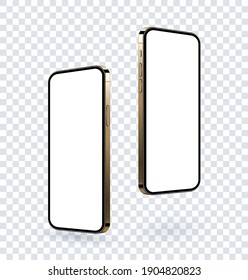 Modelación de smartphone de oro realista, volar en escena de dispositivos móviles 3d con pantalla vacía. Los teléfonos de menos modernidad de trama se establecen para show ui y ux design app y website. Ilustración vectorial.
