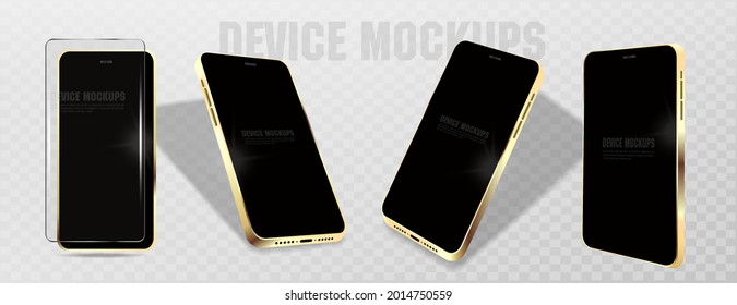 Realistic Gold smartphone. Mockup telephon from different angles. Device UI UX mockup template with protective glass. Presentation new smartphone