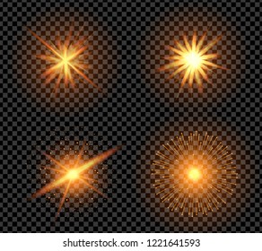 Realistic gold sparkle effect pack isolated on transparent background. Firework, explosion, fiery sparks concept. Vector illustration