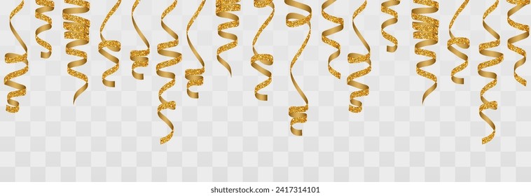 Realistic gold spiral serpentine isolated on png background. Vector luxury serpentine pieces. Set of curly ribbons, festive decor elements for party, birthday, holiday, greeting cards