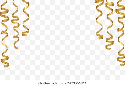 Realistic gold spiral serpentine isolated on png background. Vector luxury serpentine pieces. Set of curly ribbons, festive decor elements for party, birthday, holiday, greeting cards