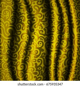 Realistic gold stage curtains with floral pattern.
Luxury silk velvet curtains and draperies interior decoration design. Vector illustration