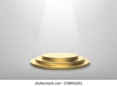 Realistic Gold Stage Podium. Round Winner Pedestal. Illuminated Place With Spotlight. 3d Empty Platform. Vector Illiustration.