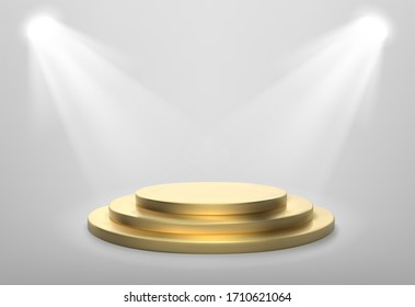 Realistic gold stage podium. Round winner pedestal. Illuminated place with spotlight. 3d empty platform. Vector illiustration.