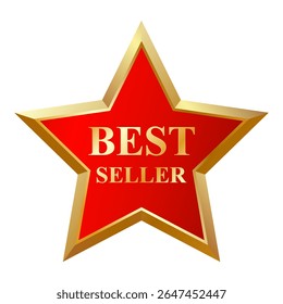 Realistic gold star Best seller with red background. Element, icon with metallic effect for award, medal, rating designation on transparent background. Isolated vector illustration EPS10