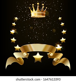 Realistic gold star emblem with text space and Golden crown. Award emblem, a traditional symbol of victory on a black background.