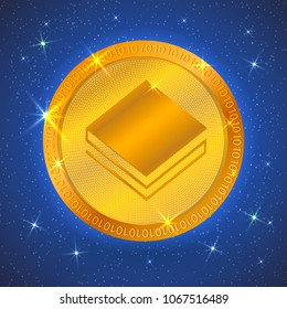 Realistic gold stratis icon in space. Cryptocurrency.  Digital currency. Virtual money. Golden coins. Blockchain technology. Easy to use design template for your business projects.