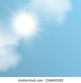 Realistic gold sun in PNG transparent vector cloud. Vector star gold star on a transparent dark background. Summer blue sky background with clouds and bright sun light.	
