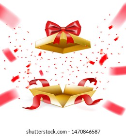 Realistic Gold Surprise Gift Box With Falling Confetti. EPS10 Vector