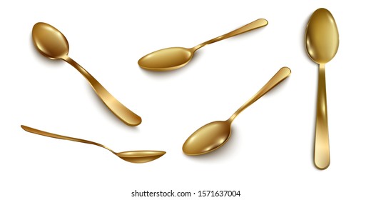 Realistic Gold Tea Spoon Set From Top, Side View In Different Angles - Vector Illustration Isolated On White Background. Golden Cutlery Utensils - Small Shiny Teaspoon Collection.