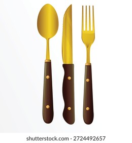 Realistische goldene Teelöffel-Set von oben, Satz von Gabel, Messer und Löffel einzeln auf Weiß, Vektorgrafik