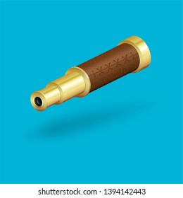 Realistic gold telescope leather-bound. Vector illustration.