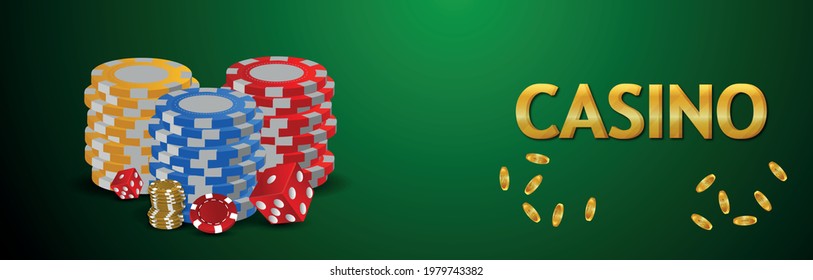 Realistic gold text with gold coin with casino chips and dice