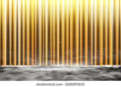 Realistic gold theater curtain vector illustration. Shiny silk drape with glowing light, sparkles and haze. Perfect for stage backgrounds, award ceremonies or cinematic presentations.