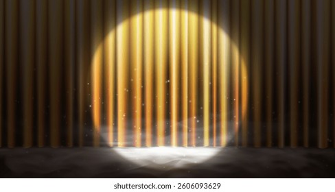Realistic gold theater curtain vector illustration. Shiny silk drape with soft waves, glowing spotlights and sparkles. Perfect for stage backgrounds, award ceremonies or luxury event designs.