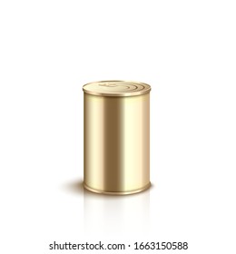 Realistic gold tin can with smooth shiny metal surface and sealed pull ring lid. Golden steel food container packaging design template - isolated vector illustration.