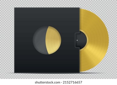 Realistic gold vynyl. Bright metal disc in cover, best songs of musical group. Award to winner in competition, memory. Album or playlist and collection of songs. Isometric vector illustration