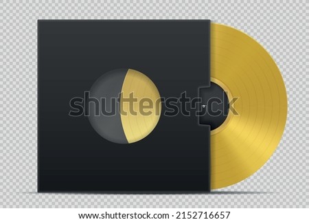 Realistic gold vynyl. Bright metal disc in cover, best songs of musical group. Award to winner in competition, memory. Album or playlist and collection of songs. Isometric vector illustration