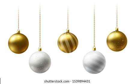 Realistic gold and white Christmas balls hanging on gold beads chains on white background