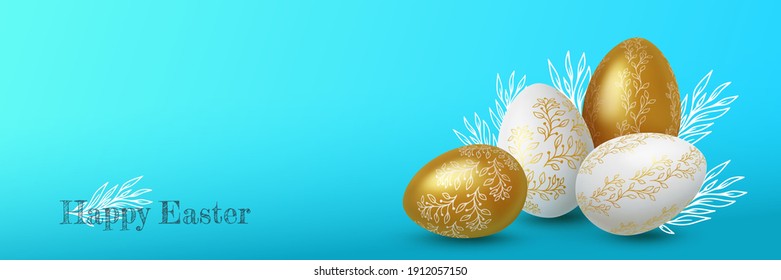 Realistic Gold and white easter eggs with flower ornaments on blue background. Vector illustration.