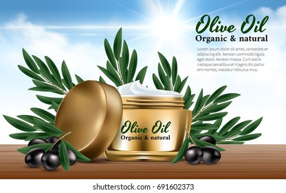 Realistic Gold Women Jar Cream for Face Branch black olives. Olive Oil. Excellent Advertising. Bottle Mockup Dazzling Background. Contained in Glass. Cosmetic Design Product. 3D Vector Illustration.