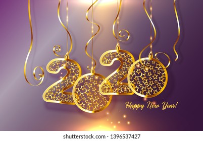 Realistic Golden 3D 2020 isolated on purple background. Concept design for Happy New Year, Christmas holidays. Vector illustration