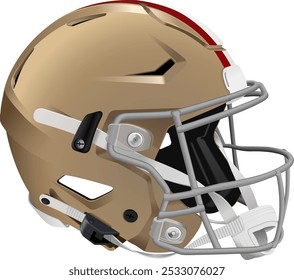 Realistic golden 3D helmet for American Football with red stripe. Gray mask and chin strap