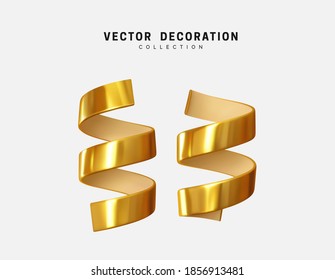 Realistic Golden 3d Metallic Swirling Spiral Confetti. Vector Illustration.