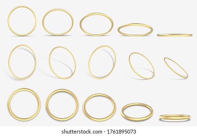 Realistic golden 3D ring. Gold decorative geometric round rings, 3d yellow gold metallic rings vector illustration icons set. Golden ring realistic, bright jewelry, luxurious glowing