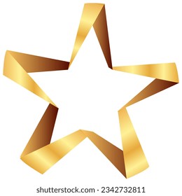 Realistic golden 3D star outlined ribbon icon isolated on white background. Vector illustration. Glossy Christmas stars. Design decoration element for holidays.