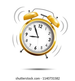 Realistic golden alarm clock ringing, isolated on white background. Vector Illustration