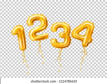 globos realistas de oro 1 2 3 4 números con tassel. Dos tres cuatro símbolos numéricos para la fiesta de cumpleaños, diseño de tarjetas de felicitación. Vector Decoración inflable sobre fondo transparente