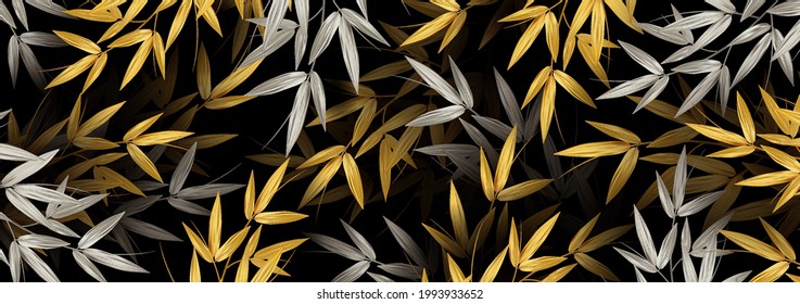 Realistic Golden Bamboo Leaves. Pattern With Tropical Leaf. Texture Design For Web Banner, Print, Wallpaper. Vector Illustration.