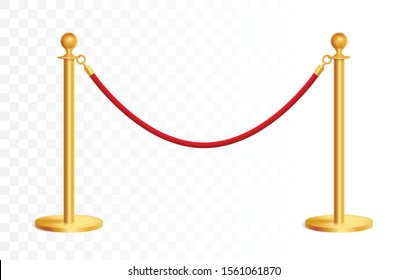 Realistic golden barricade with red rope, golden rope barrier - stock vector.