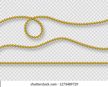 Realistic golden beads isolated on transparent background. Decorative elements for holiday design, Mardi Gras carnival. Vector illustration.