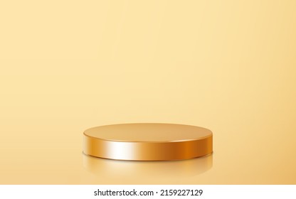 Realistic golden blank product podium scene isolated on gold background. Geometric metallic round shape for product branding. Gold cylinder mock up scene.  3d vector illustration background