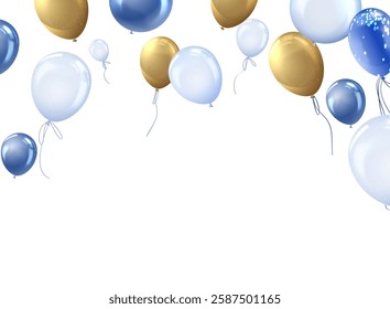 Realistic golden and blue inflated balloons vector background. Glossy helium balloons for romantic events. Celebration festive 3d border design. Holiday party, birthday and anniversary air decoration