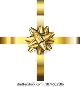 Realistic golden bow decoration on white background. 3D decorative vector illustration for invitation, wedding, and graphic resources. Shiny bow and ribbon.