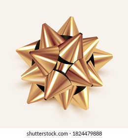 Realistic golden bow. Gold ribbon gift bow knot isolated on white background. Realistic vector illustration