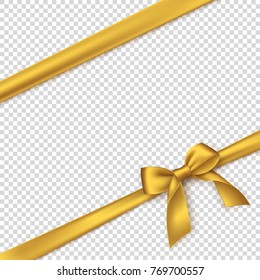 Lazo y cinta dorados realistas. Elemento para los regalos de la decoración, saludos, días festivos. Ilustración vectorial.