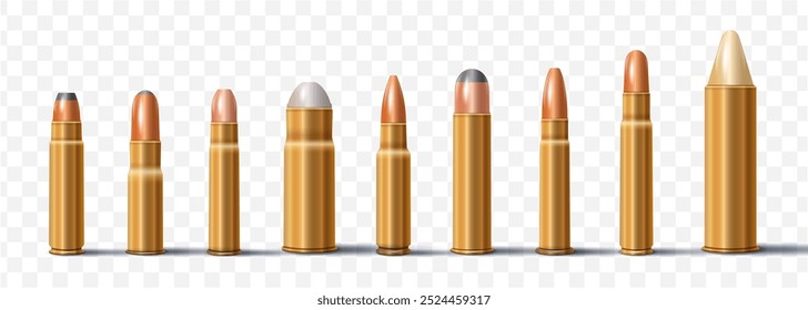 Realistic golden bullet isolated on a transparent background. Vector illustration.