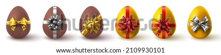 Realistic golden and chocolate easter egg gifts with ribbon bows. Spring holiday surprise eggs presents. Happy easter day hunting vector set. Cocoa confectionery for celebration and game playing