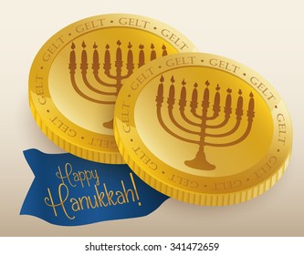 Realistic golden chocolate gelts with Chanukiah carving and happy Hanukkah message in ribbon.