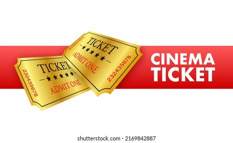 Realistic Golden Cinema Ticket. Old Premium Cinema Entrance Tickets