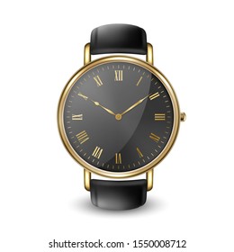 Realistic Golden Classic Vintage Unisex Wrist Watch with Roman Numerals and Black Dial Icon Closeup Isolated on White Background. Design Template of Metal Wristwatch with Black Leather Bracelet